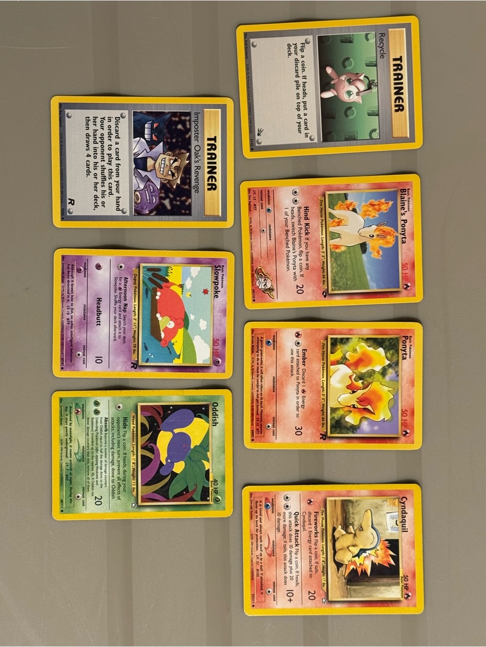 A collection of early Pokémon TCG cards from the 1990s and early 2000s. Set of 7